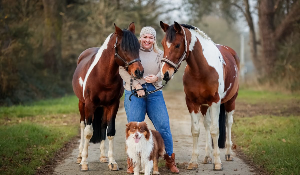photo cavaliere et ses deux chevaux et son chien en Ille et Vilaine